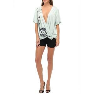 NWT VINCE CAMUTO Wrap Blouse 2X Mint Floral Draped V Neck Short Sleeve Chic Plus